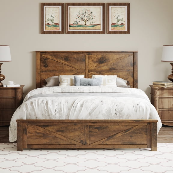 BSHTI Queen Bed Frame with Country Farmhouse Wooden Headboard, Brown