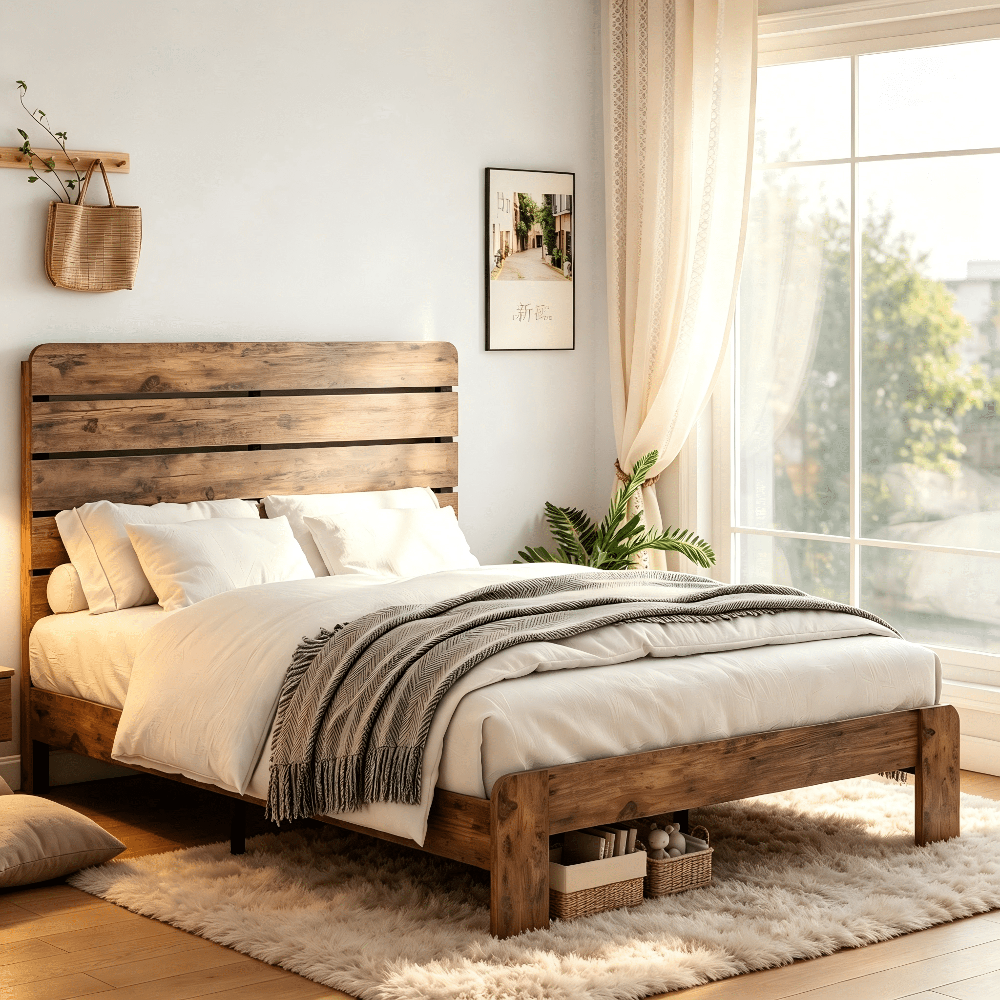 BSHTI Queen Metal Wood Platform Bed Frame with Industrial Headboard, No Box Spring Needed, Noise-Free Slat Support for Bedroom（Dark Brown）