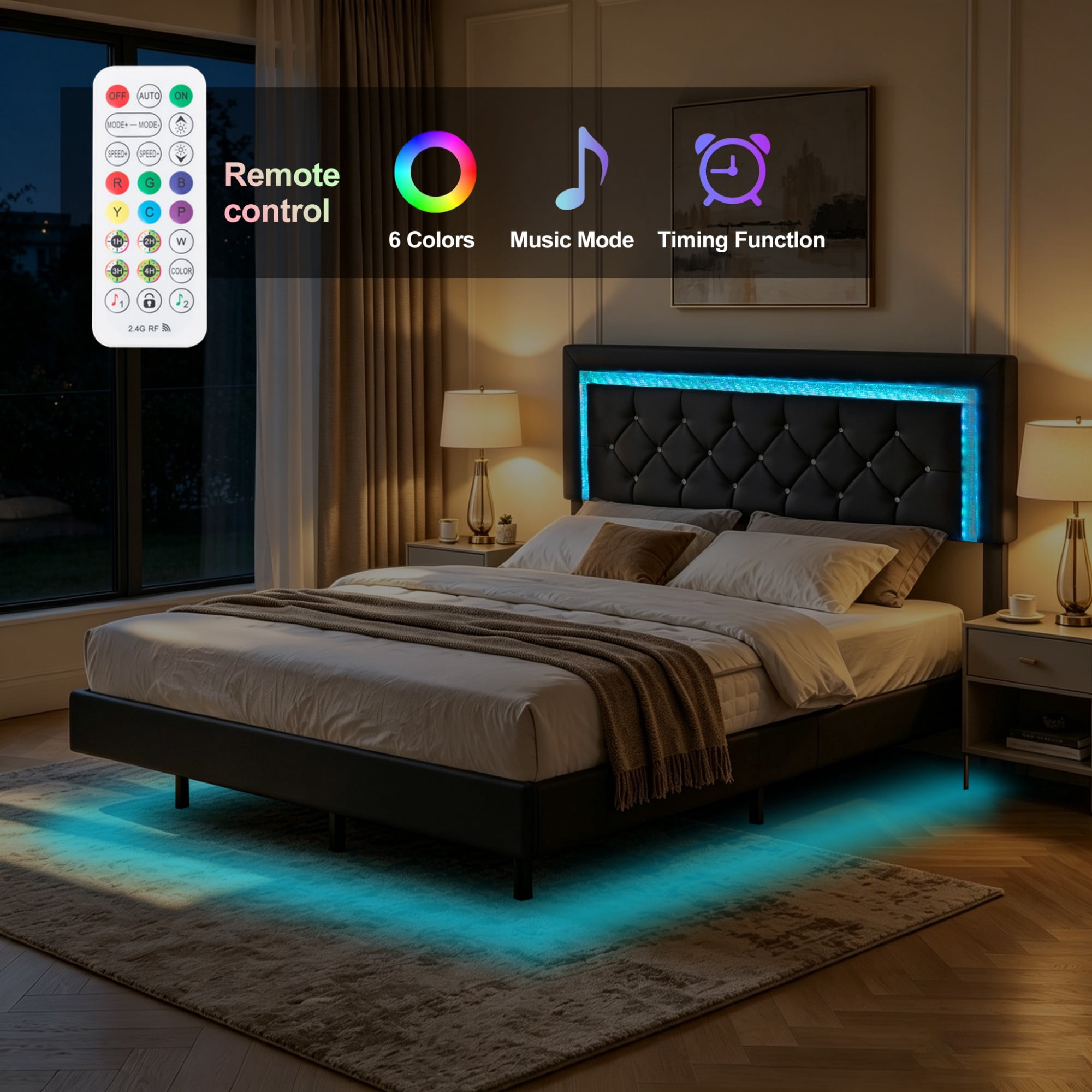 BSHTI Queen PU Platform Bed Frame with Upholstered Headboard, Colorful LED Lights, Wood Slat Support, No Box Spring Needed for Bedroom（Black）