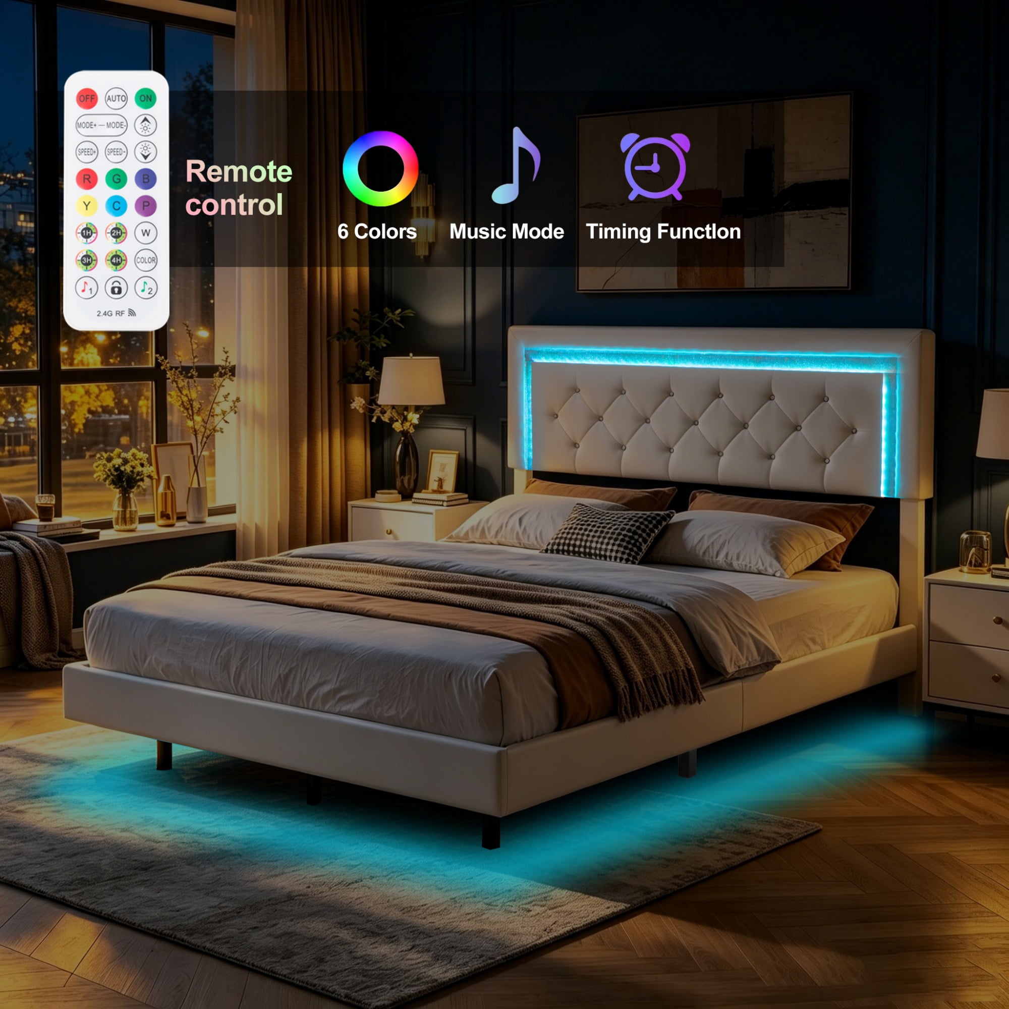 BSHTI Queen PU Platform Bed Frame with Upholstered Headboard, Colorful LED Lights, Wood Slat Support, No Box Spring Needed for Bedroom（White）