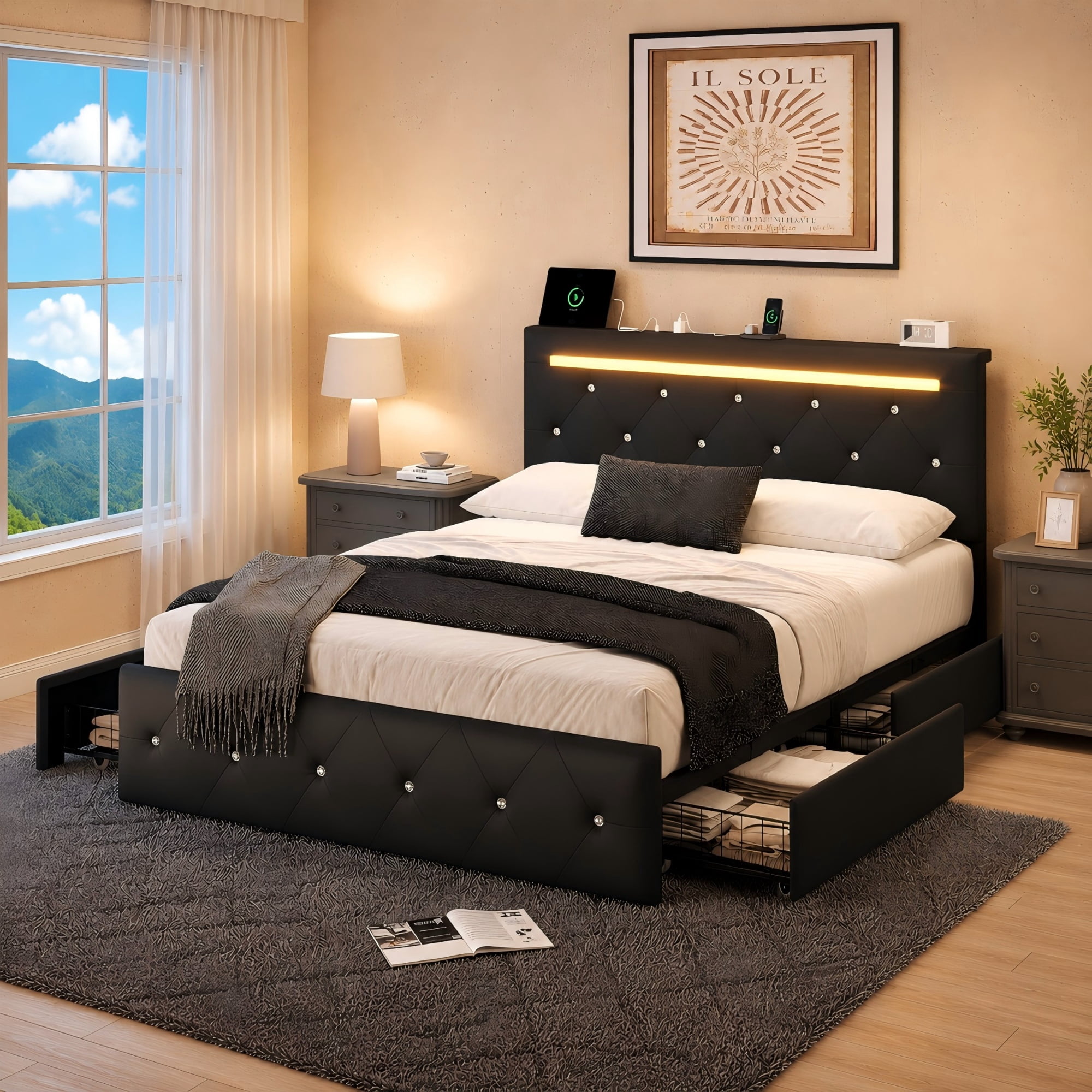 BSHTI Queen Size Faux Leather Upholstered Bed Frame with LED Light, Charging Station, 4 Storage Drawers, Adjustable Headboard for Bedroom(Black)
