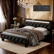 BSHTI Queen Size Faux Leather Upholstered Bed Frame with LED Lights, Adjustable Diamond Headboard, Charging Station for BedroomBlack