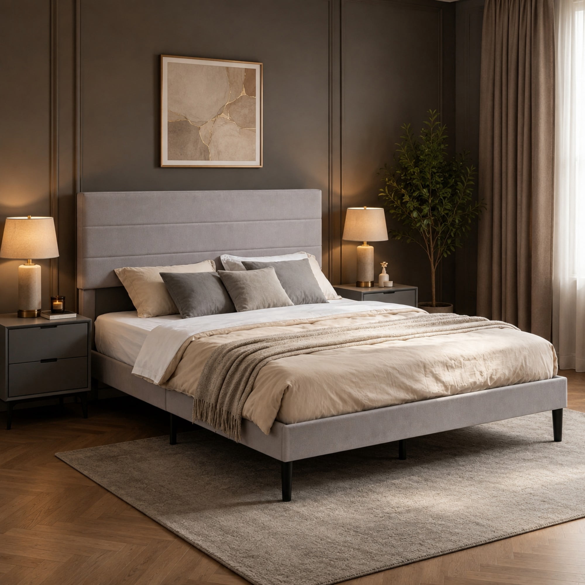 BSHTI Queen Size Linen Blend Upholstered Platform Bed Frame with Soft Headboard, Wood Slats, No Box Spring Needed for Bedroom（Light Grey）