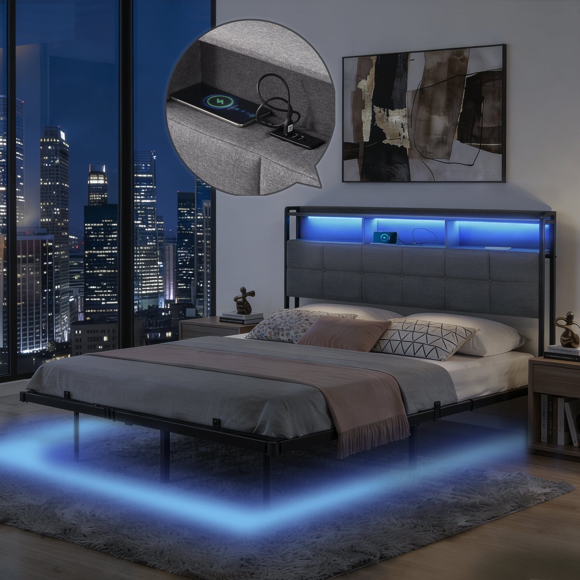 BSHTI Queen Size LED Bed Frame with Upholstered Headboard, RGB Lights & USB Ports for Bedroom, Comfortable Upholstered Backrest, 2-Tier Shelf, No Box Spring Needed，Grey