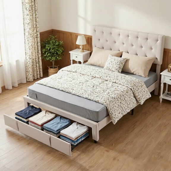 BSHTI Queen Size Platform Bed Frame with Storage Drawer, Adjustable Tufted Headboard, Solid Wood Frame, 12 Wood Slats, No Box Spring Needed,Beige