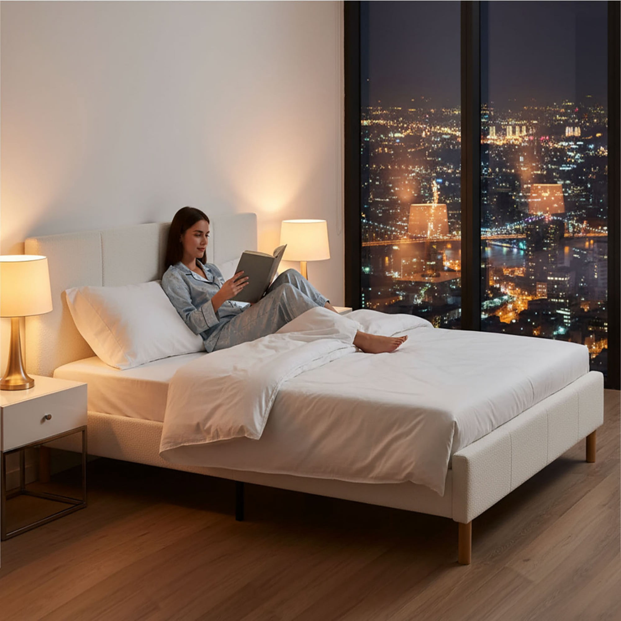BSHTI Queen Size Platform Bed Frame with Teddy Velvet Upholstered Headboard, Compatible with 8~14 inch Mattress Thickness,Solid Wood Frame and Support Feet, White