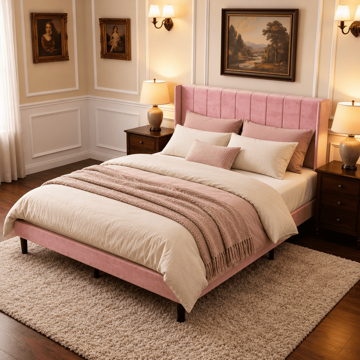 BSHTI Queen Size Platform Bed Frame with Velvet Upholstered Platform, Modern Accent Bedroom Furniture with Wood Support, No Box Spring Needed, Easy Assembly,Pink