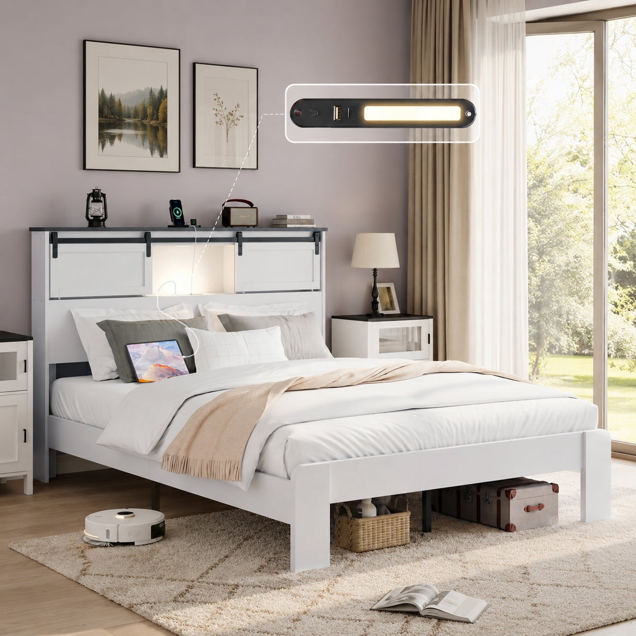 BSHTI Queen Wood Metal Platform Bed Frame with Storage Headboard, LED Light, USB Charging, No Box Spring Needed for Bedroom（White）