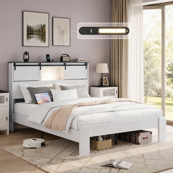 BSHTI Queen Wood Metal Platform Bed Frame with Storage Headboard, LED Light, USB Charging, No Box Spring Needed for Bedroom(White)