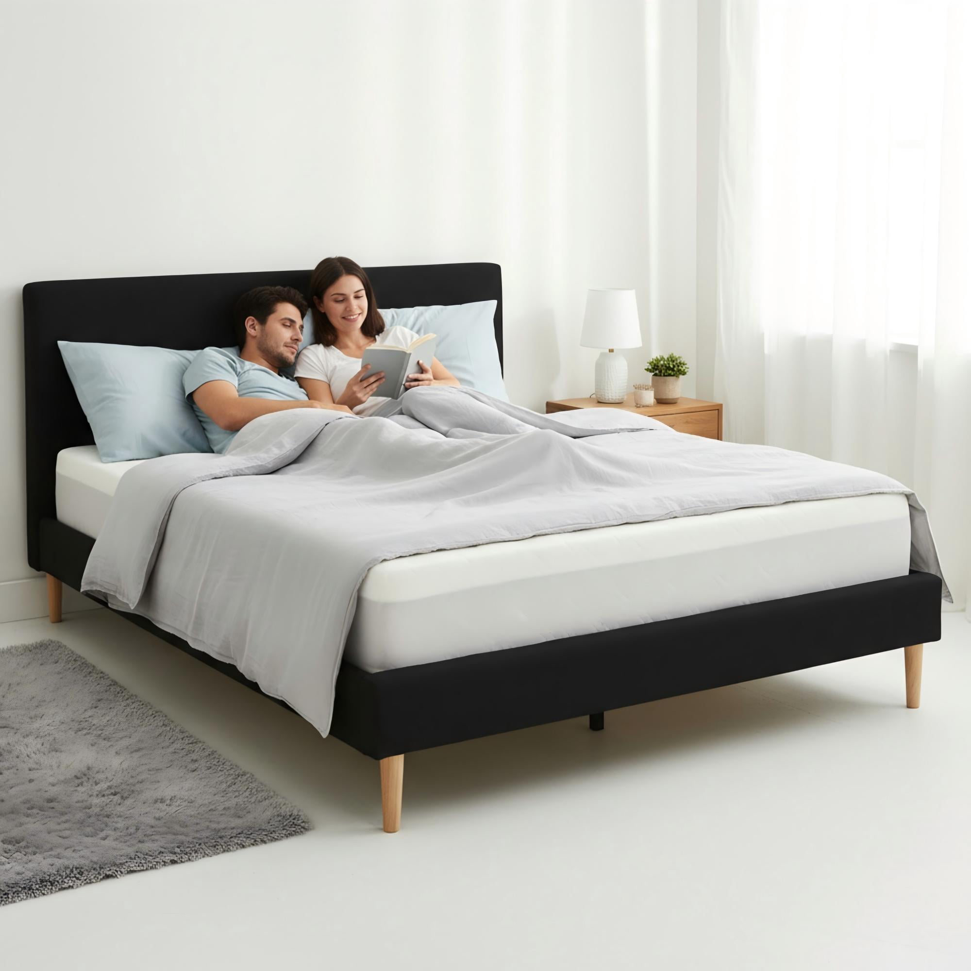 BSHTI Queen-Size Teddy Velvet Upholstered Platform Bed Frame with Wooden Slat Support, High-Density Foam, Compatible with 8-14 Inches Thick Mattresses, Black