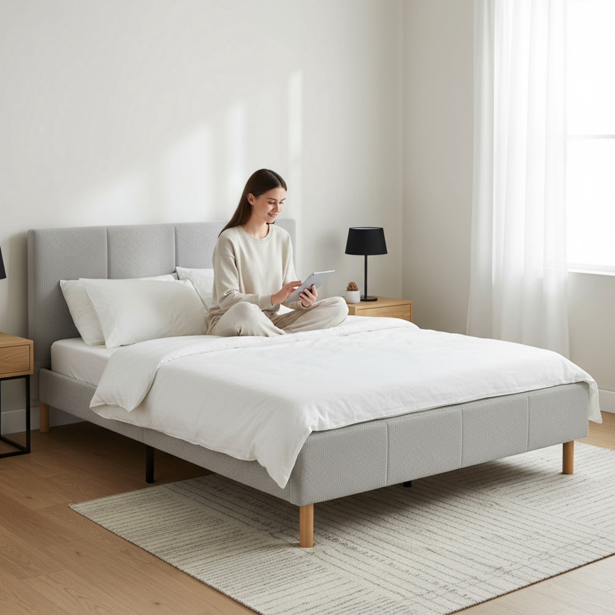 BSHTI Queen-Size Upholstered Platform Bed Frame, Teddy Velvet Upholstery, Solid Wood Frame with a Center Support Leg, Compatible with 8–14" Mattresses Thickness, Grey