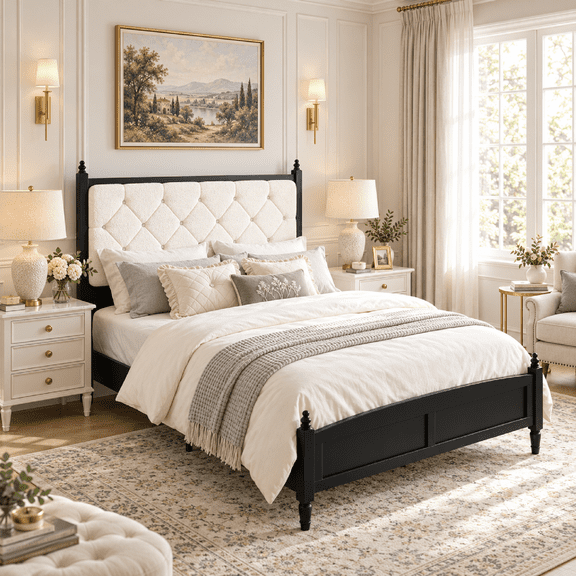 BSHTI Queen Size Upholstered Platform Bed Frame with Tufted Headboard, Noise-Free Metal Support for Bedroom(Black)