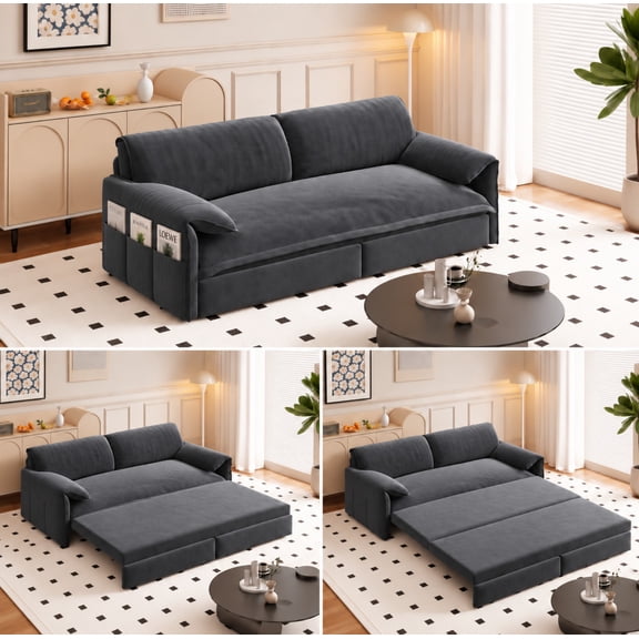 BSHTI Queen Size Velvet Loveseat Sofa Bed with 3-in-1 Convertible Pull-Out Design, Side Storage for Living Room(Gray)