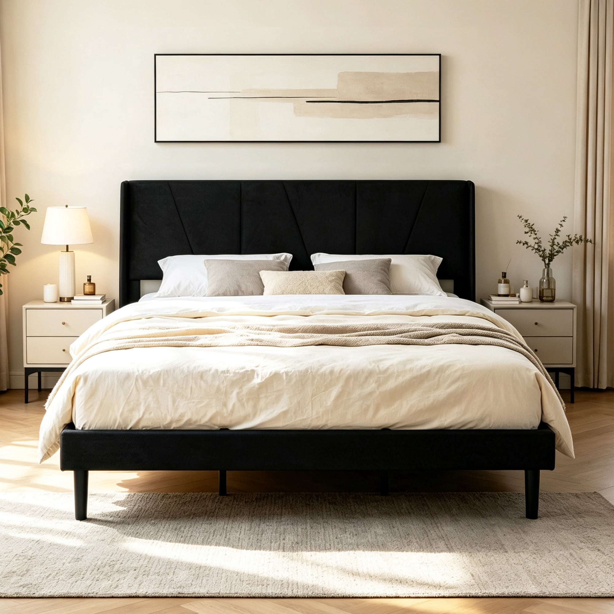 BSHTI Queen Size Velvet Platform Bed Frame with Adjustable Upholstered Headboard, Wood Slats, No Box Spring Needed for Bedroom（Black）