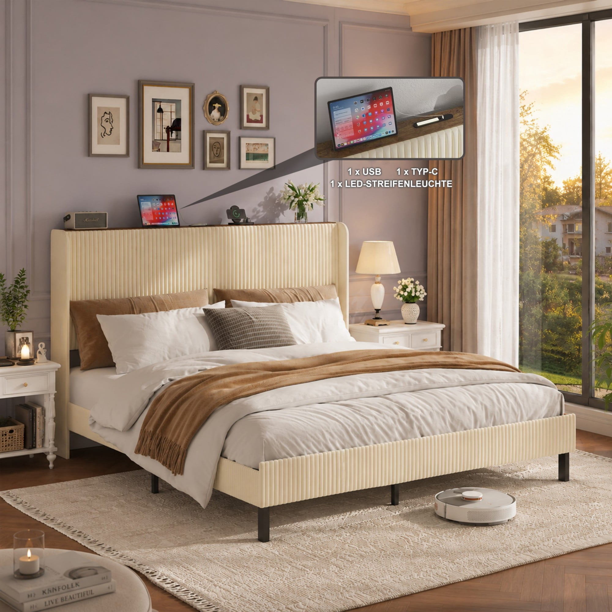 BSHTI Queen Size Velvet Upholstered Platform Bed Frame with USB Ports, Beige Metal & Wood Bed Frame with Storage Headboard, Modern Accent Bedroom Furniture for Bedroom, No Box Spring Needed