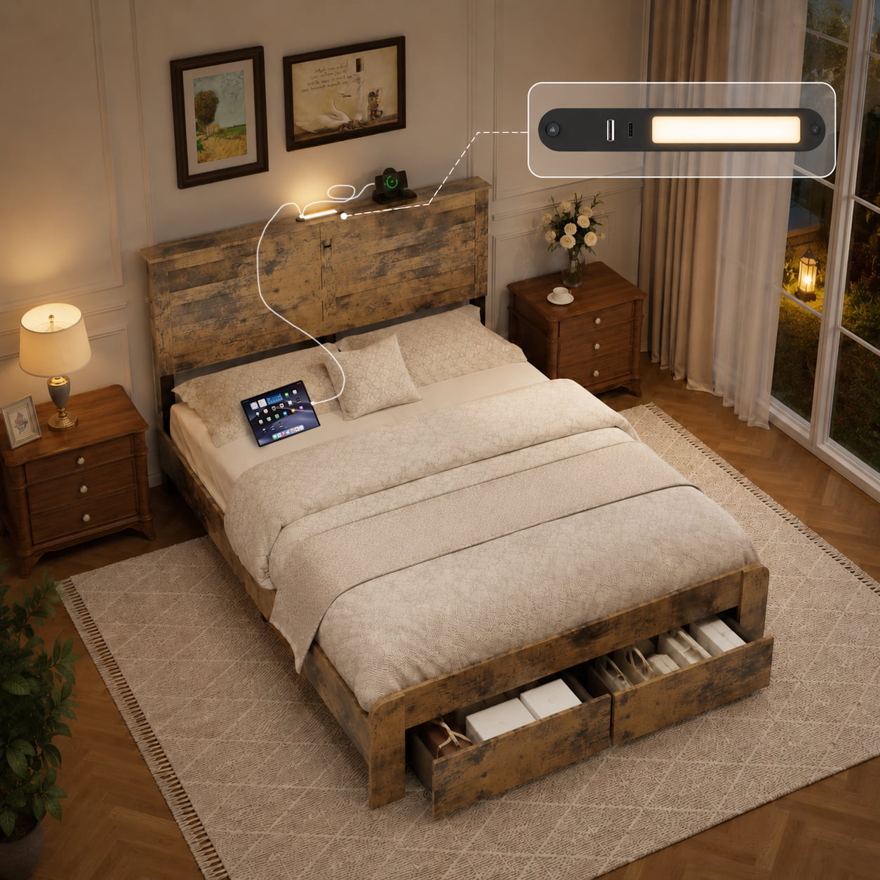 BSHTI Queen Size Platform Bed Frame with Storage Headboard, LED Lights, USB Charging（Dark Brown）