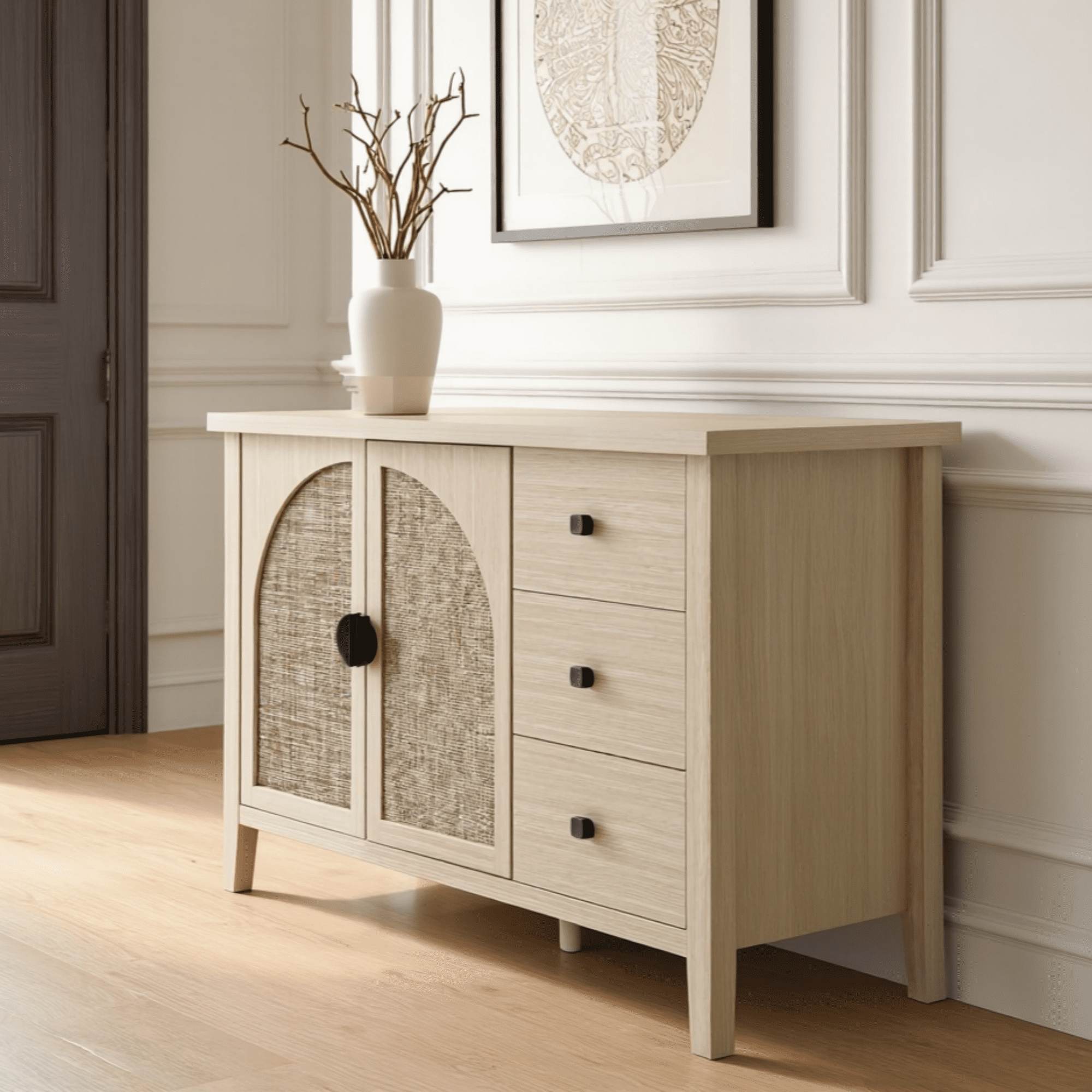 BSHTI Rattan 2-Door 3-Drawer Cabinet – Natural Farmhouse Storage Cabinet with Adjustable Shelves, Anti-Tip Safety, for Bedroom, Living Room, Study, Brown