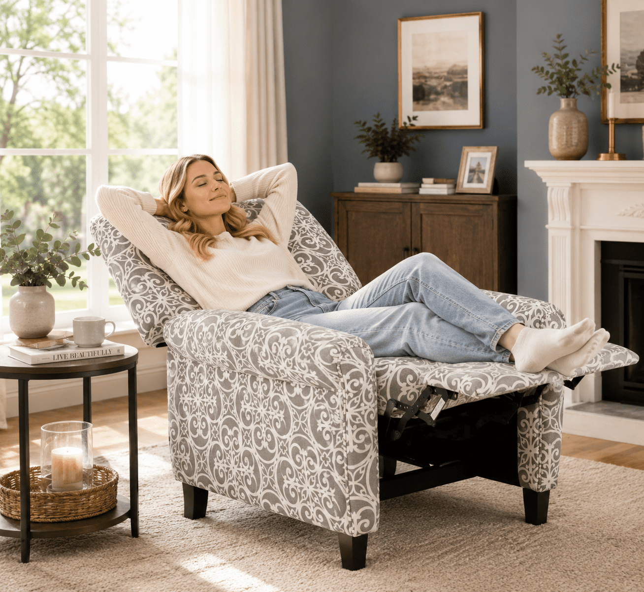 BSHTI Recliner Chair Upholstered Pushback Armchair Linen Fabric for Living Room Home Theater, Single Sofa with Rolled Arms, Adjustable Footrest, Grey