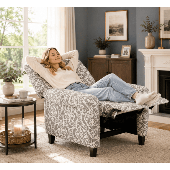 BSHTI Recliner Chair Upholstered Pushback Armchair Linen Fabric for Living Room Home Theater, Single Sofa with Rolled Arms, Adjustable Footrest, Grey