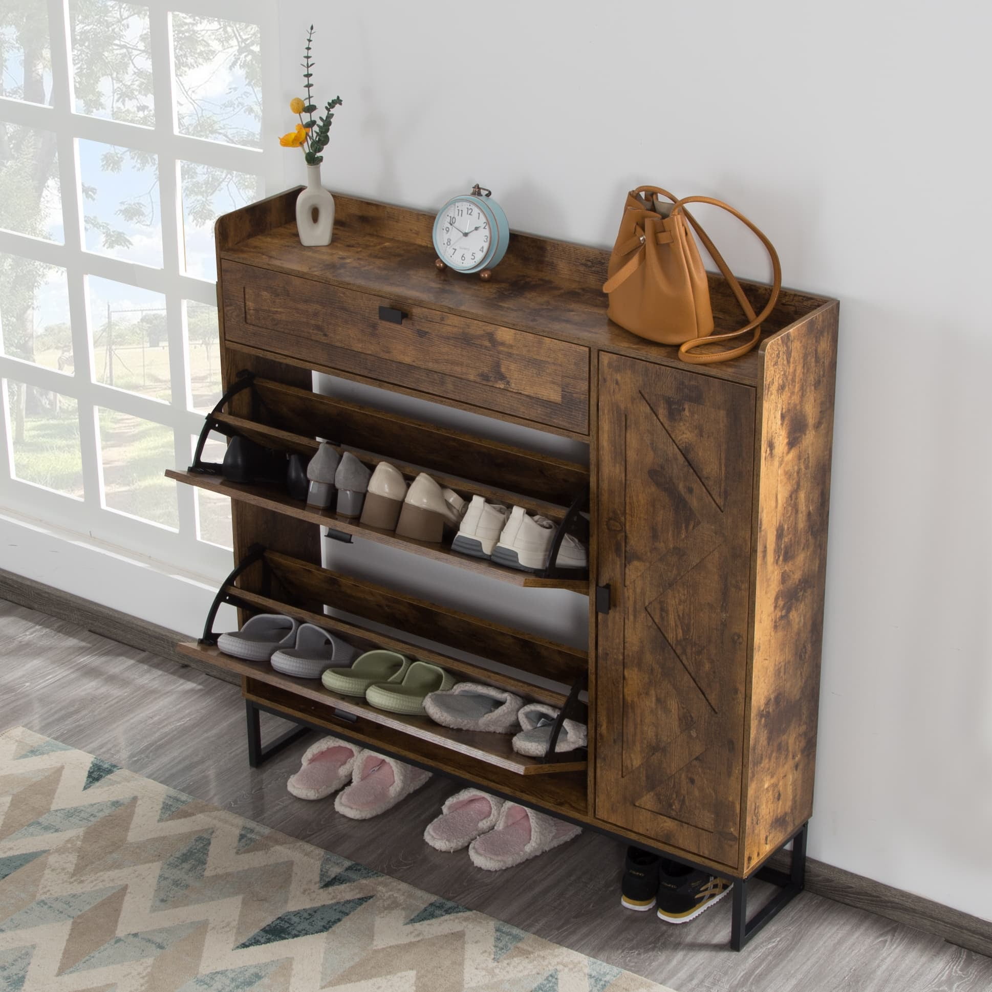 BSHTI Shoe Storage Cabinet with 2 Flip Drawers & Side Cabinet, High-Quality MDF in a Rustic Brown Finish, Adjustable & Versatile Storage, Easy Assembly