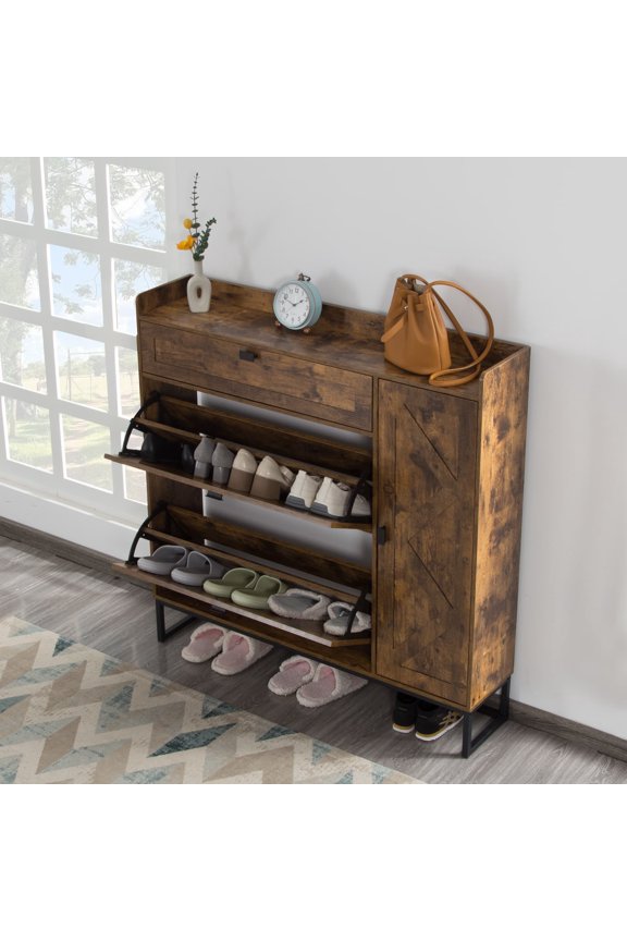 Shoe Storage Cabinet with 2 Flip Drawers & Side Cabinet, High-Quality MDF in a Rustic Brown Finish, Adjustable & Versatile Storage, Easy Assembly
