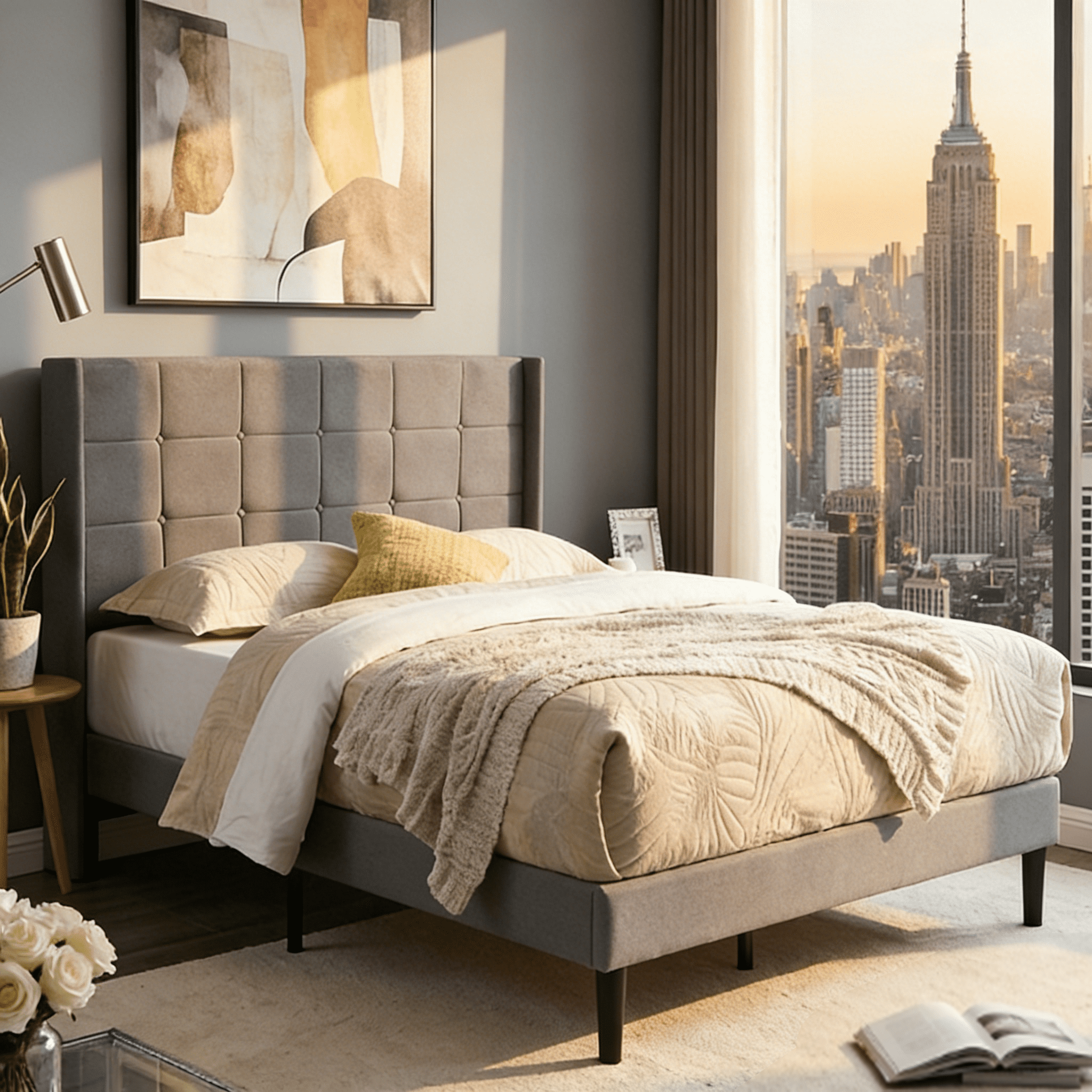BSHTI Simple Modern Design FULL Size Platform Bed Frame with Upholstered Headboard and Wood Slats Support for Bedroom