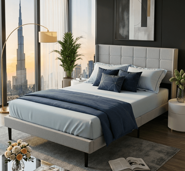BSHTI Simple Modern Design FULL Size Platform Bed Frame with Upholstered Headboard and Wood Slats Support for Bedroom