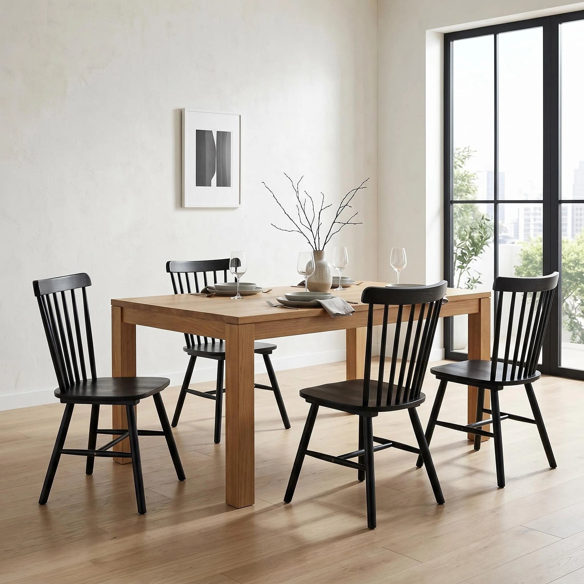 BSHTI Solid Wood Dining Chairs, Set of 4, Spindle Back Kitchen Chairs with H-Style Legs, Classic Farmhouse Dining Room Chairs, Black