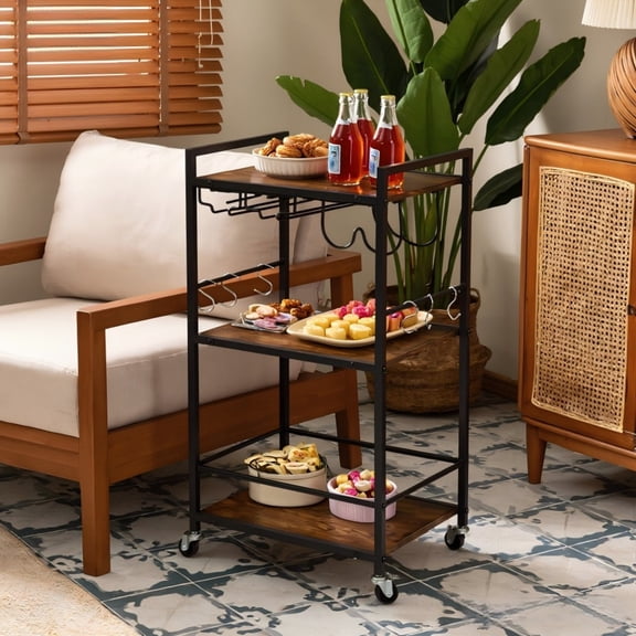 BSHTI Storage Cart with 3-Tier Shelves, Cup Holders & Hooks – Heavy Duty Rolling Kitchen Cart with Wine Rack, Brown – For Kitchen, Living Room, Dining Room