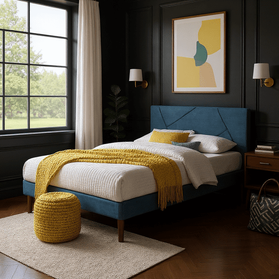BSHTI Twin Size Platform Bed, Blue Velvet Upholstered Headboard and Wood Slat Support