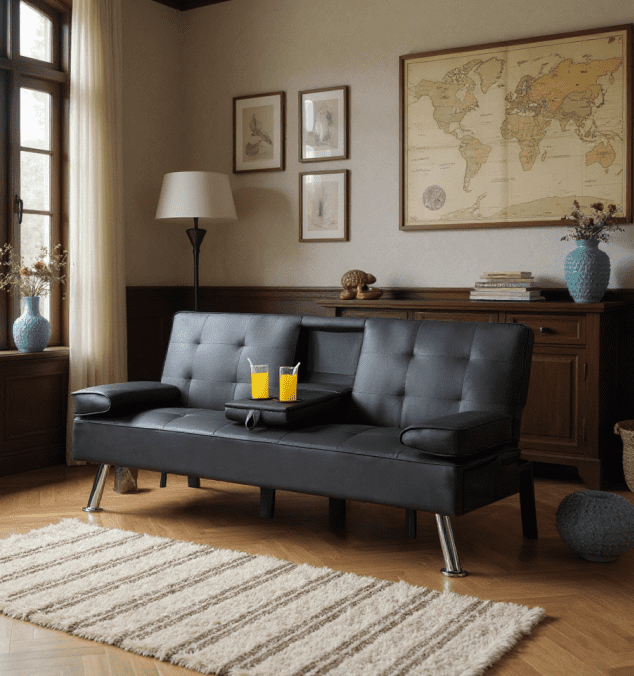 BSHTI Twin Size Futon Convertible Sleeper Sofa Bed,PU Upholstery,3 Angles for Adjusting Backrest with 2 Cup Holders,Removable Arm Cushions,Black
