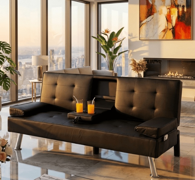 BSHTI 69.49” Twin Size Futon Sofa Bed with Cup Holders – 5-Position Adjustable Sleeper, PU Upholstery, Storage Side Pocket, Removable Arm Cushions, Easy Conversion, Black