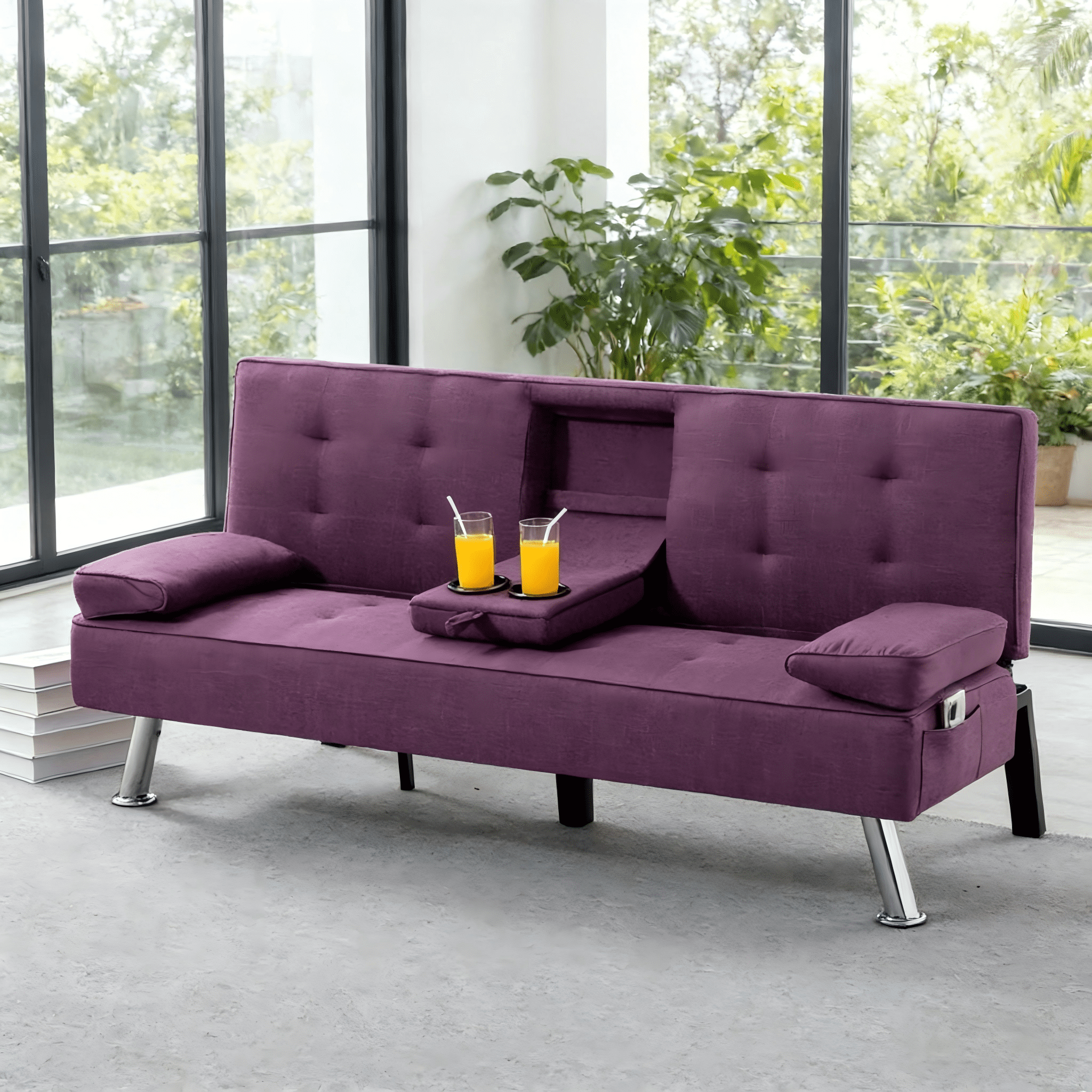 BSHTI 69.49” Twin Size Futon Sofa Bed with Cup Holders – 5-Position Adjustable Sleeper, Polyester Upholstery, Storage Side Pocket, Removable Arm Cushions, Easy Conversion, Purple