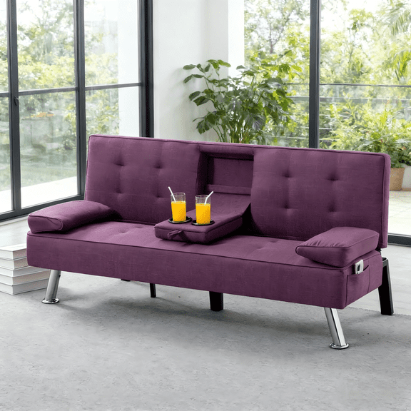 BSHTI 69.49” Twin Size Futon Sofa Bed with Cup Holders – 5-Position Adjustable Sleeper, Polyester Upholstery, Storage Side Pocket, Removable Arm Cushions, Easy Conversion, Purple