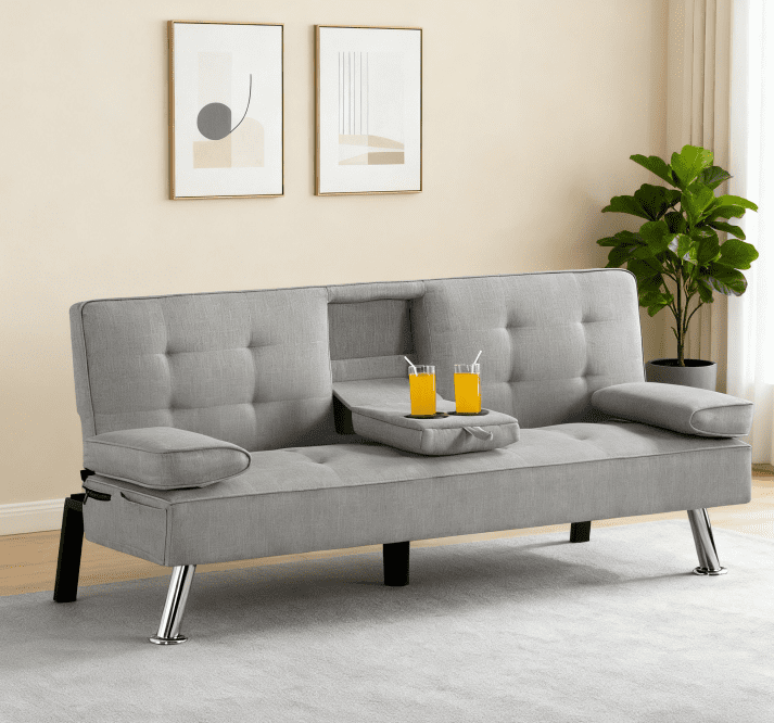 BSHTI Twin Size Futon Convertible Sleeper Sofa Bed,Polyester Upholstery,3 Angles for Adjusting Backrest with 2 Cup Holders,Removable Arm Cushions,Light Gray