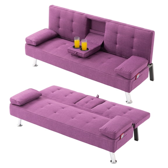 BSHTI 69.49" Convertible Futon Sofa Bed with Drop-Down Console & 2 Cup Holders, 5-Position Adjustable Backrest, Side Storage Pocket, Futon Couches for Living Roon, Small Spaces,Purple