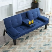BSHTI Twin Size Futon Sleeper Sofa Bed,Polyester Upholstery,3 Angles for Adjusting Backrest,with 2 Cup Holders,Removable Arm,Convertible Sleeper Sofa(Navy Blue)