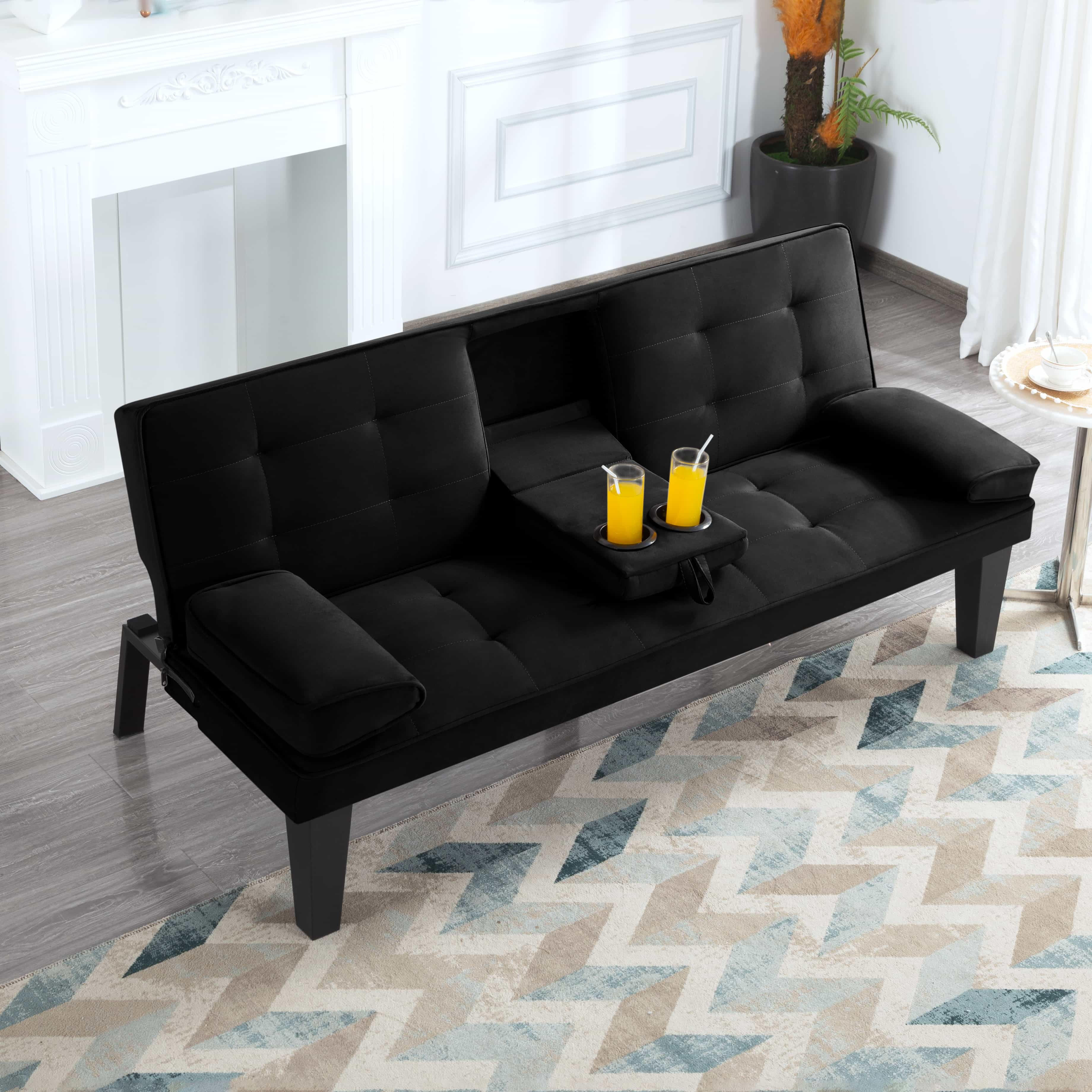 BSHTI Twin Size Futon Sleeper Sofa,Black Velvet Upholstery Convertible Sofa Bed,with 3 Angled Adjusting Backrest,Perfect for Small Spaces