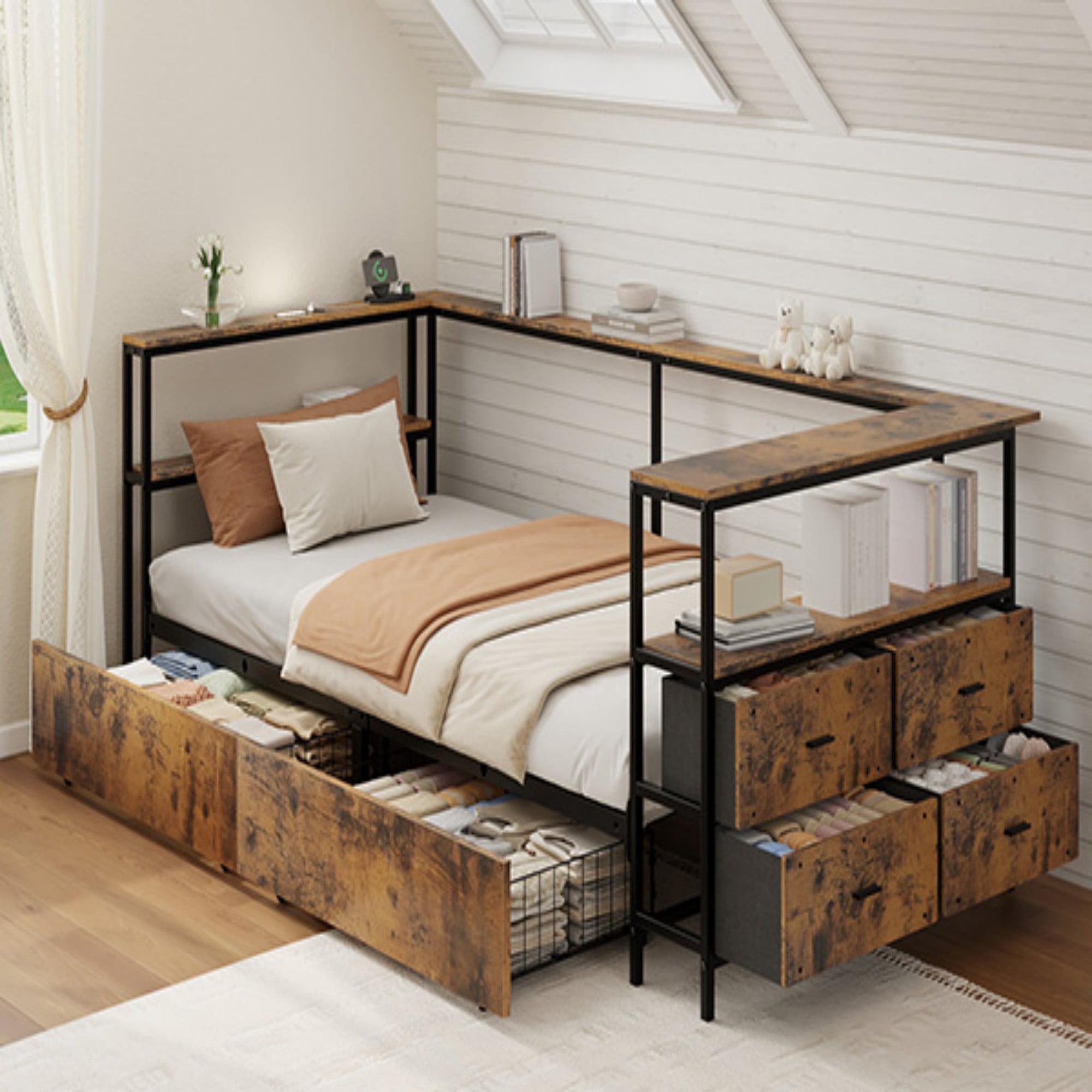 BSHTI Twin Size MDF & Metal Corner Bed Frame with Storage, Space Saving Bed Frame with Drawers, Reversible L-Shape for Bedroom（Black)