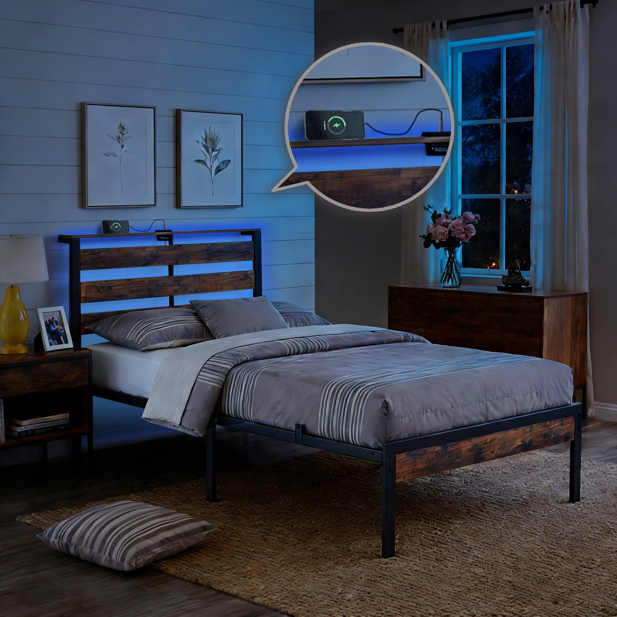 BSHTI Twin Size LED Bed Frame with Metal Frame, RGB Lights & Storage Headboard, No Box Spring Needed, Under-Bed Storage, for Bedroom, Dorm, or Guest Room，Rustic Brown