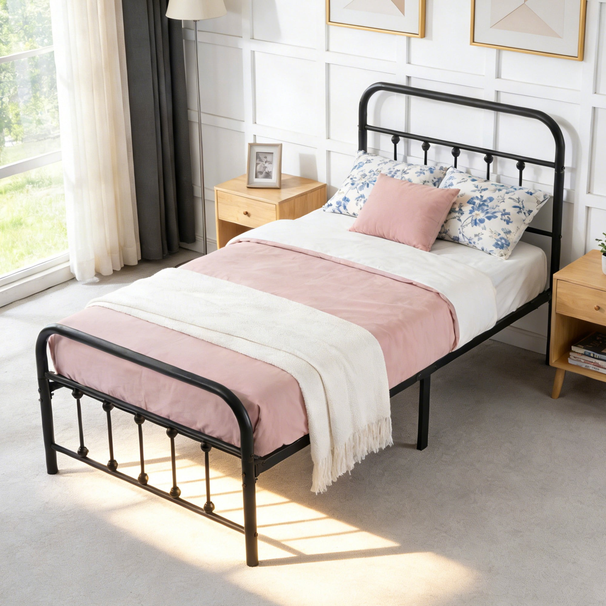 BSHTI Twin Metal Platform Bed Frame with Slat Support, No Box Spring Needed, Under-Bed Storage, Easy Assembly for Bedroom（Black）