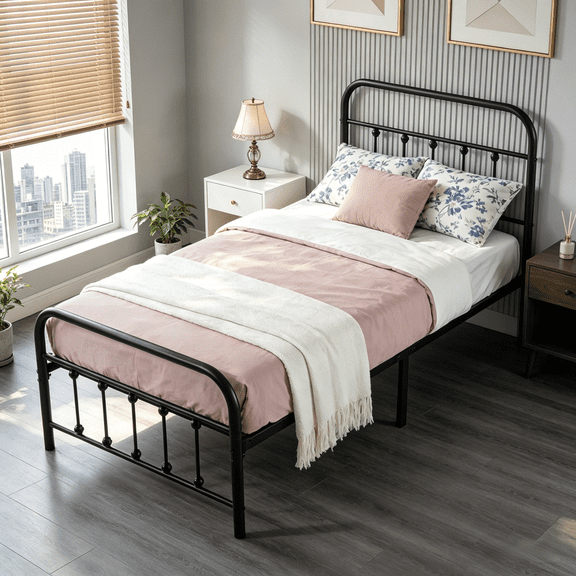 BSHTI Twin Size Metal Platform Bed Frame with Metal Slats & Center Support Legs, No Box Spring Needed, Under-Bed Storage, Easy Assembly, Black
