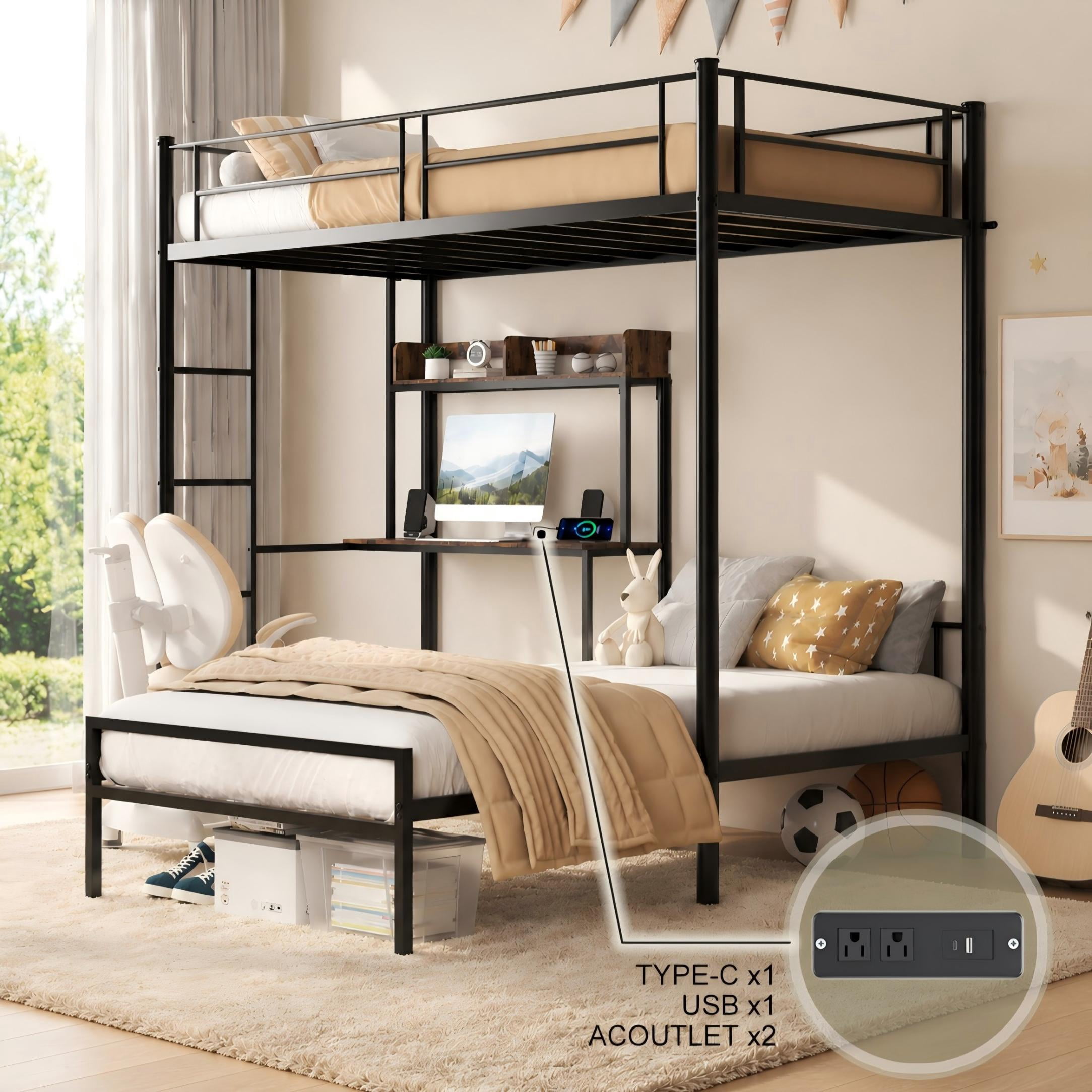 BSHTI Twin over Twin Metal Bunk Bed with Desk and Storage Shelves, Black Metal Loft Bed Frame with Charging Station, USB & Type-C Ports, Safety Guardrail and Ladder for Bedroom, Kids Room