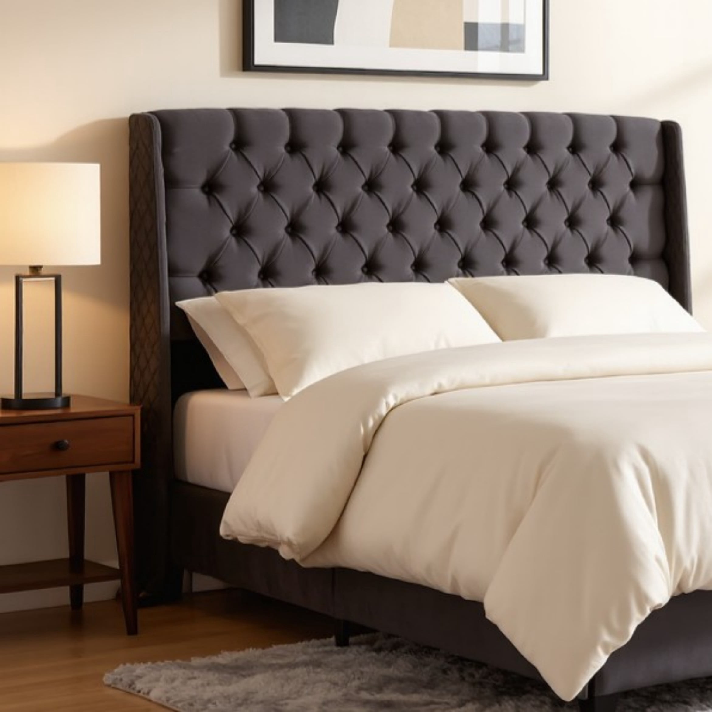 BSHTI Upholstered Headboard for King Bed, Linen Fabric, Tufted Button Design for Bedroom, Adjustable Foam Headboard for King Bed, Easy Assembly, Dark Grey