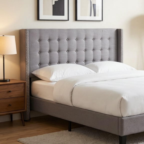 BSHTI Upholstered Headboard for King Bed, Linen Fabric,Tufted Button Design for Bedroom, Adjustable Foam Headboard for King Bed, Easy Assembly, Grey