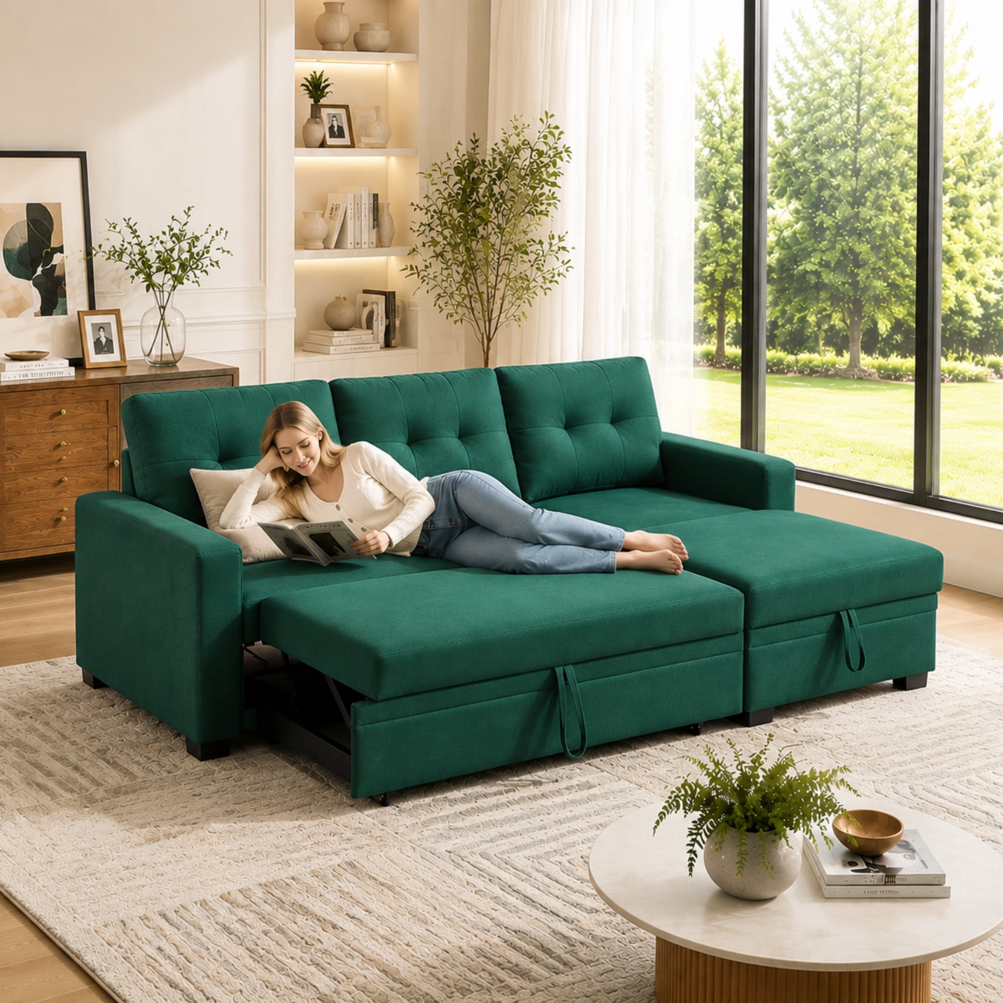 BSHTI Green Linen Sectional Pull Out Sleeper Sofa Bed with Storage Chaise for Living Room, L-Shaped Couch with Ottoman, 3-Seat Sleeper Sofa Modern Style Wood Frame Sofa Couch