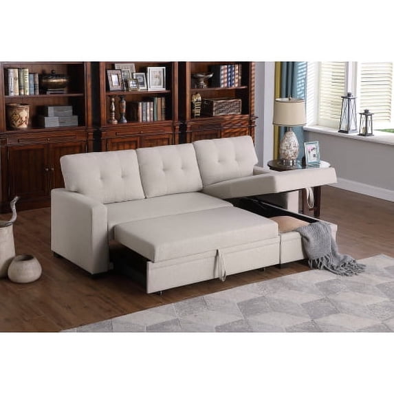 BSHTI Upholstered Pull out Sectional Sofa with Chaise,Modern Style Wood ...