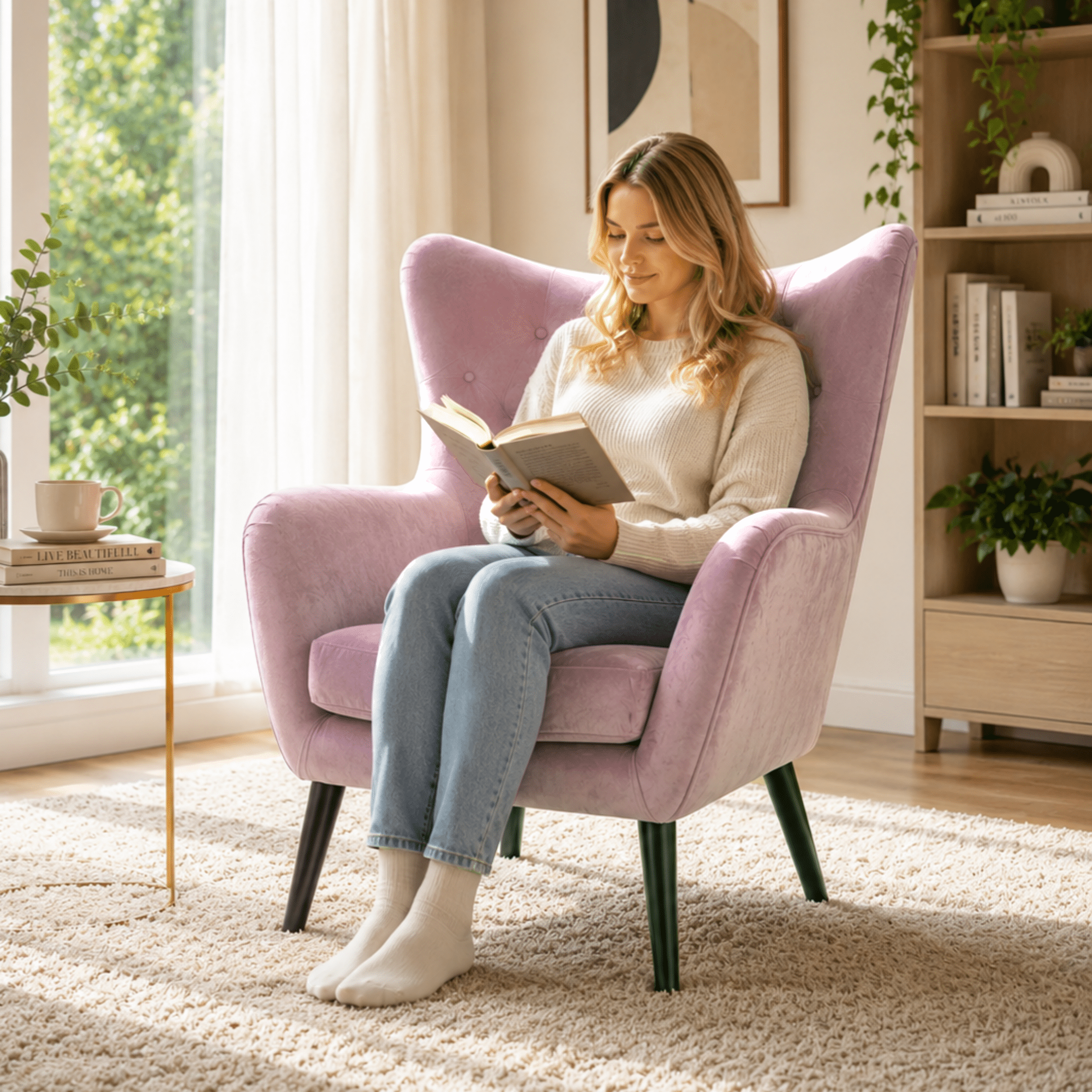 BSHTI Velvet Button-Tufted Wingback Armchair, Modern Mid Century Armchair, Pink Velvet Reading Chair for Bedroom Living Room Office