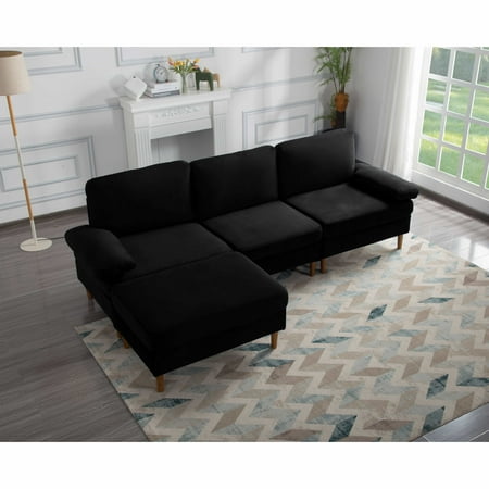 BSHTI Velvet Fabric Modular Sectional Sofa,Solid Wood and Iron Combination,Removed Back Cushions,L-shaped Sofa,with Movable Ottoman,for Small Space,Black