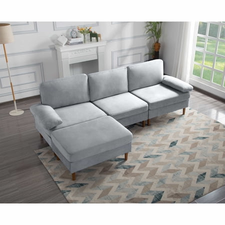 BSHTI Velvet Fabric Modular Sectional Sofa,Solid Wood and Iron Combination,Removed Back Cushions,L-shaped Sofa,with Movable Ottoman,for Small Space,Light Gray